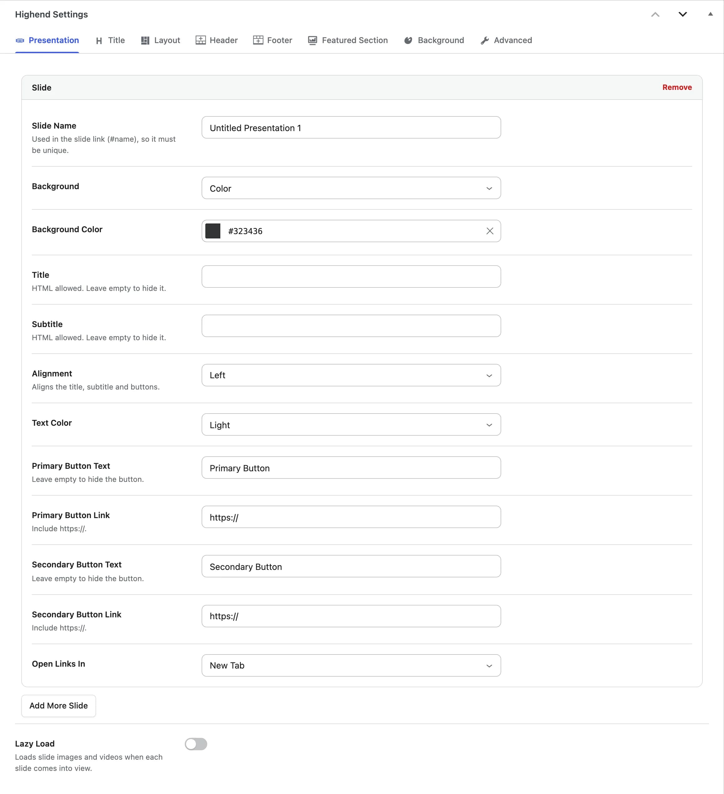 The Presentation tab, showing one slide's fields