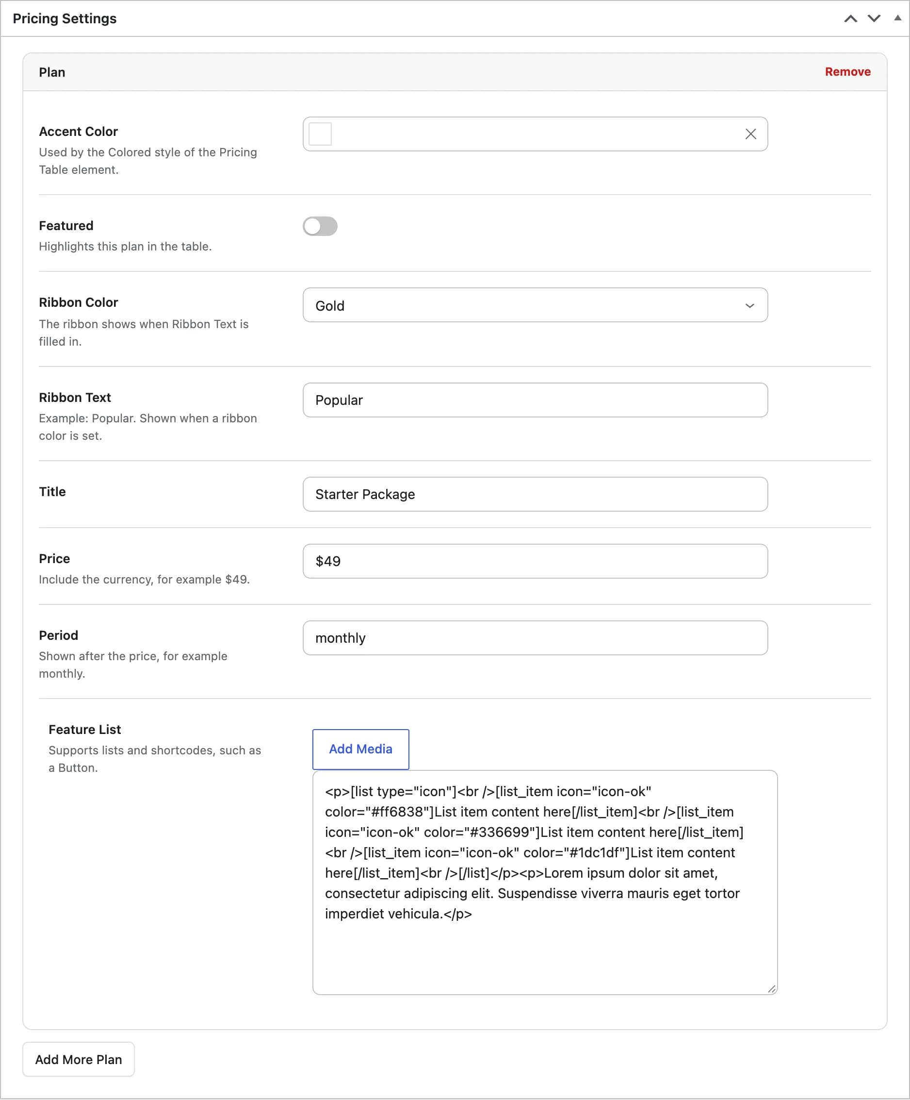 Pricing Settings box, showing one Plan entry