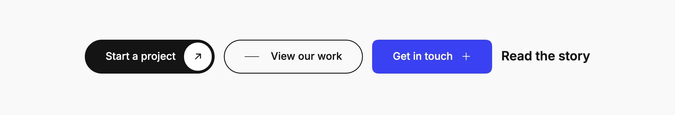 Four animated buttons: solid with a circle arrow, outline with a line arrow, a rounded button with a plus, and a text link