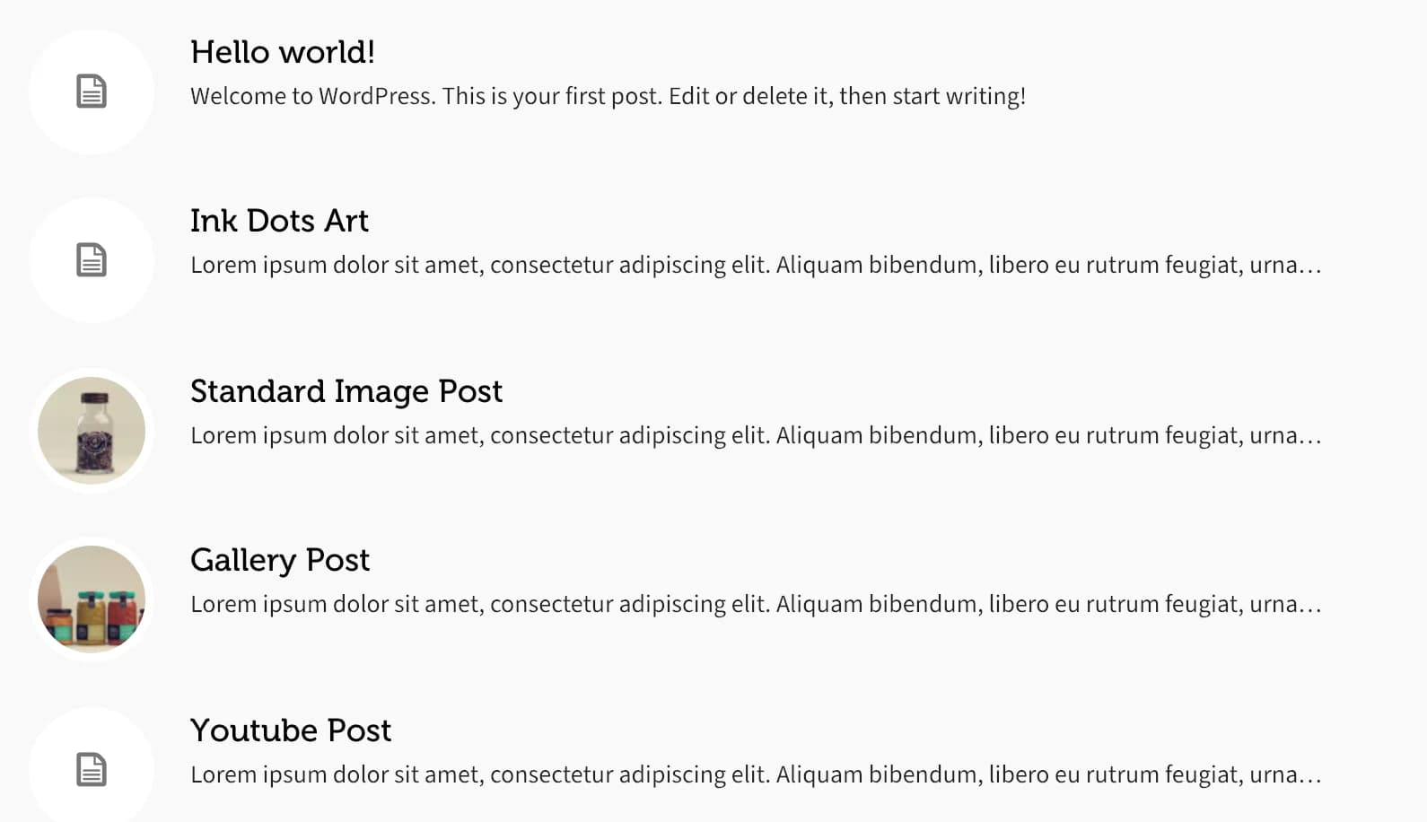 Blog Minimal showing five posts as a compact list