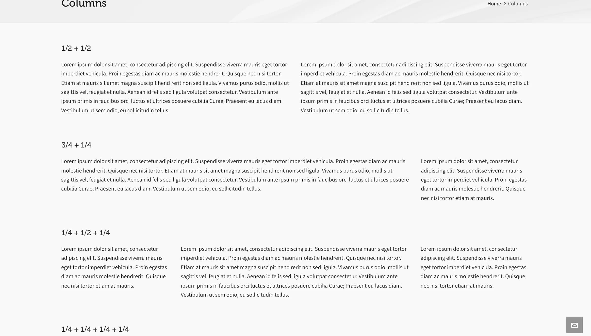 Column layouts stacked on a demo page, including 1/2 + 1/2, 3/4 + 1/4, and 1/4 + 1/2 + 1/4