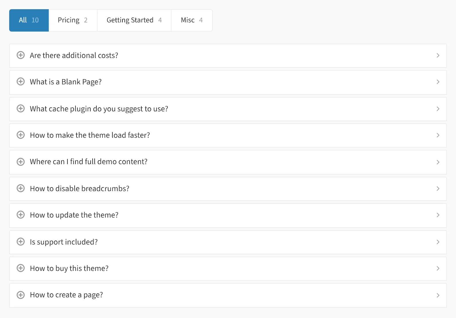 FAQ accordion with a category filter bar showing ten questions
