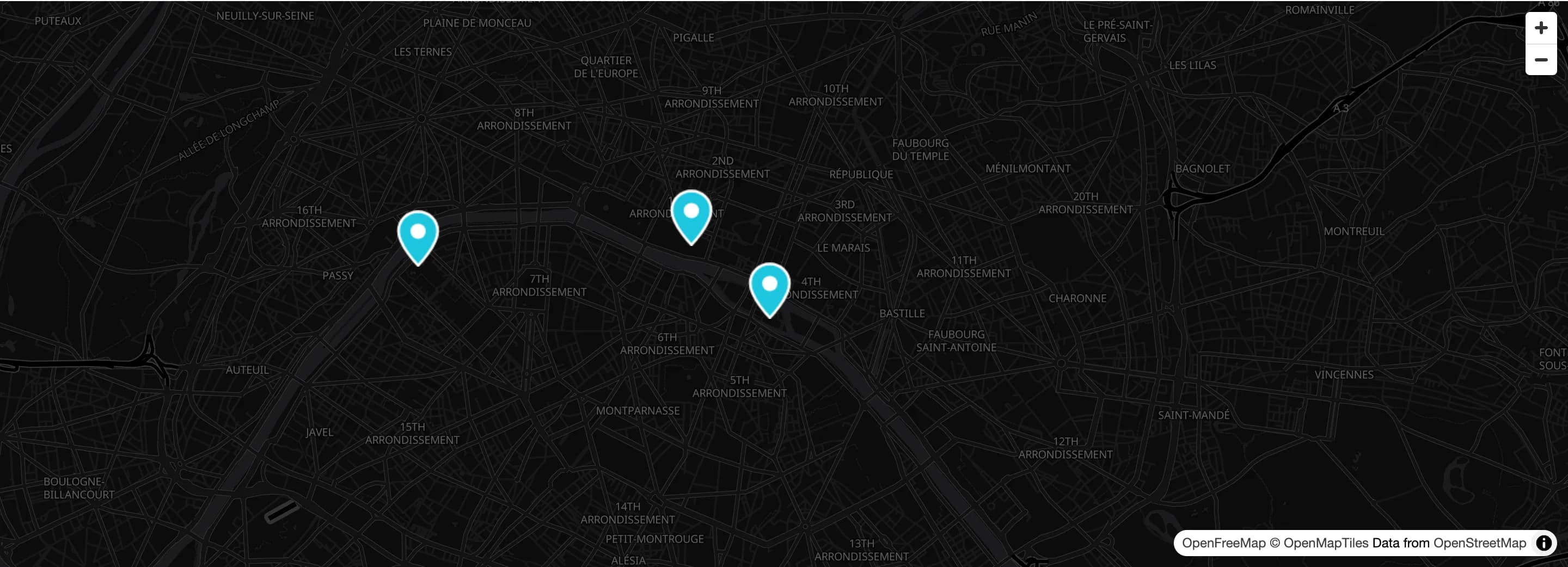 A Dark style OpenStreetMap map stretching the full page width, with four custom markers