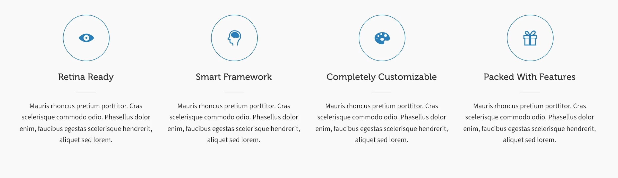 Four icon features in a row, each with a circular bordered icon, bold title, and paragraph