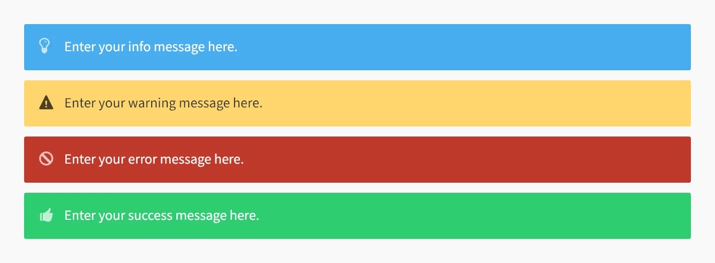 Four info messages stacked: blue info, yellow warning, red error, and green success