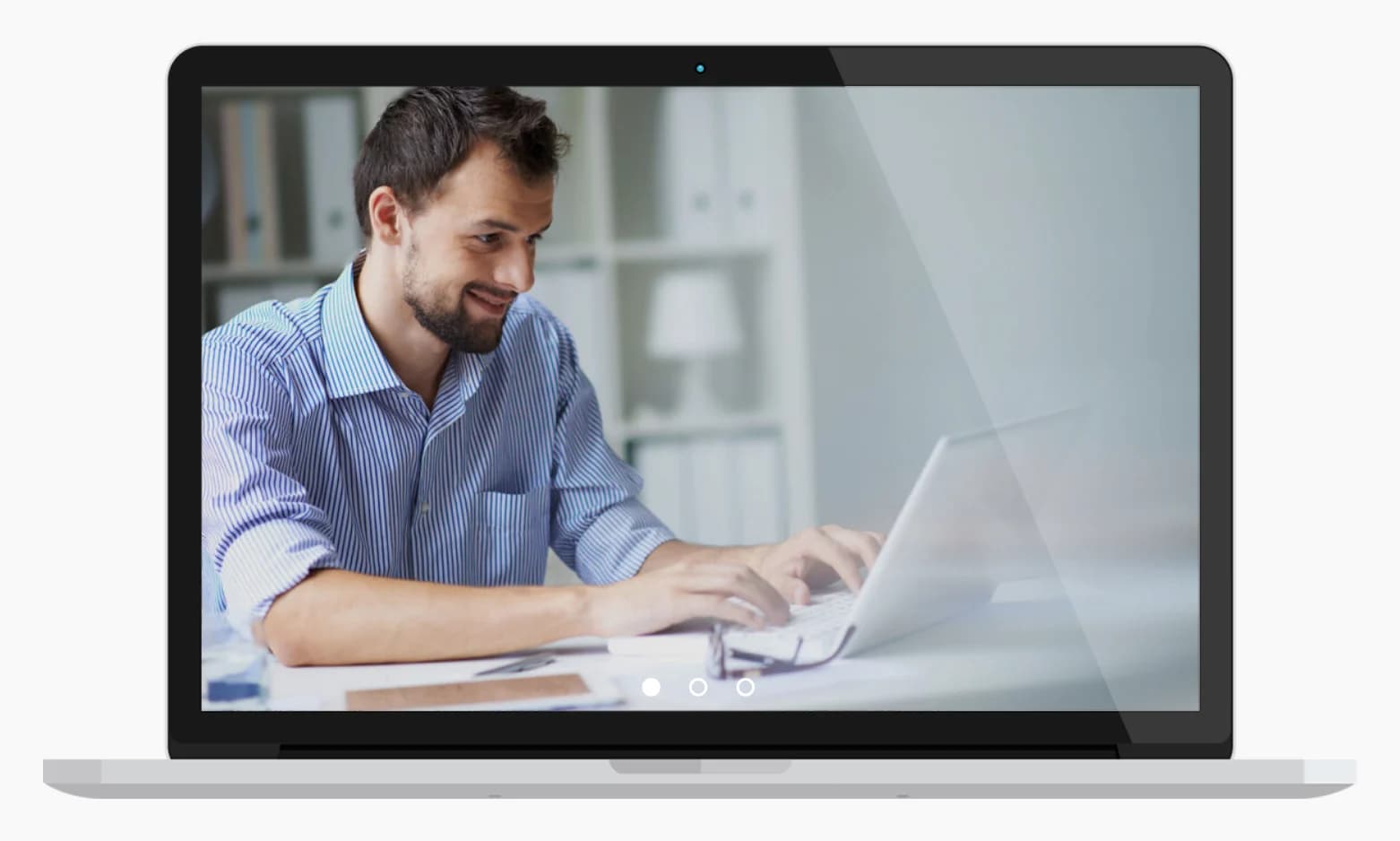 A laptop mockup with a website screenshot slide showing inside its screen