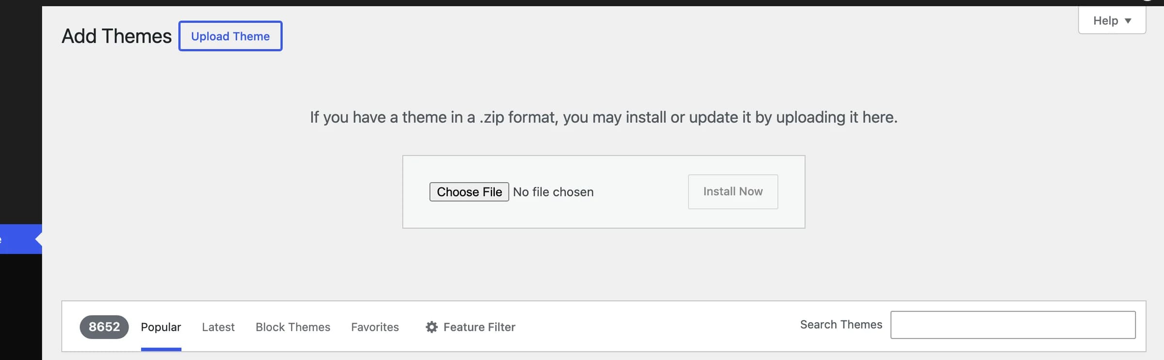 The Upload Theme screen with a file picker and an Install Now button