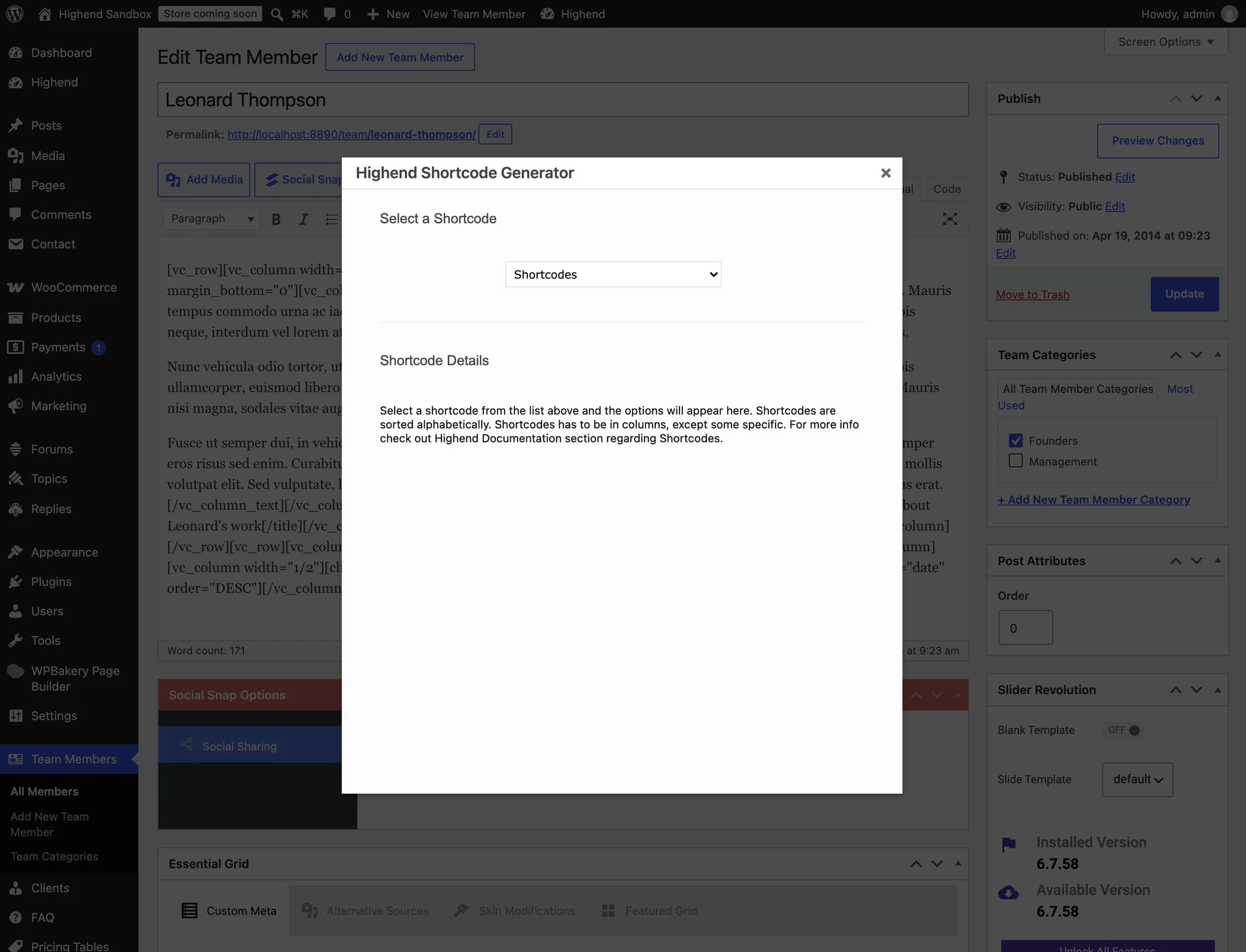 The Highend Shortcode Generator button in a classic editor toolbar