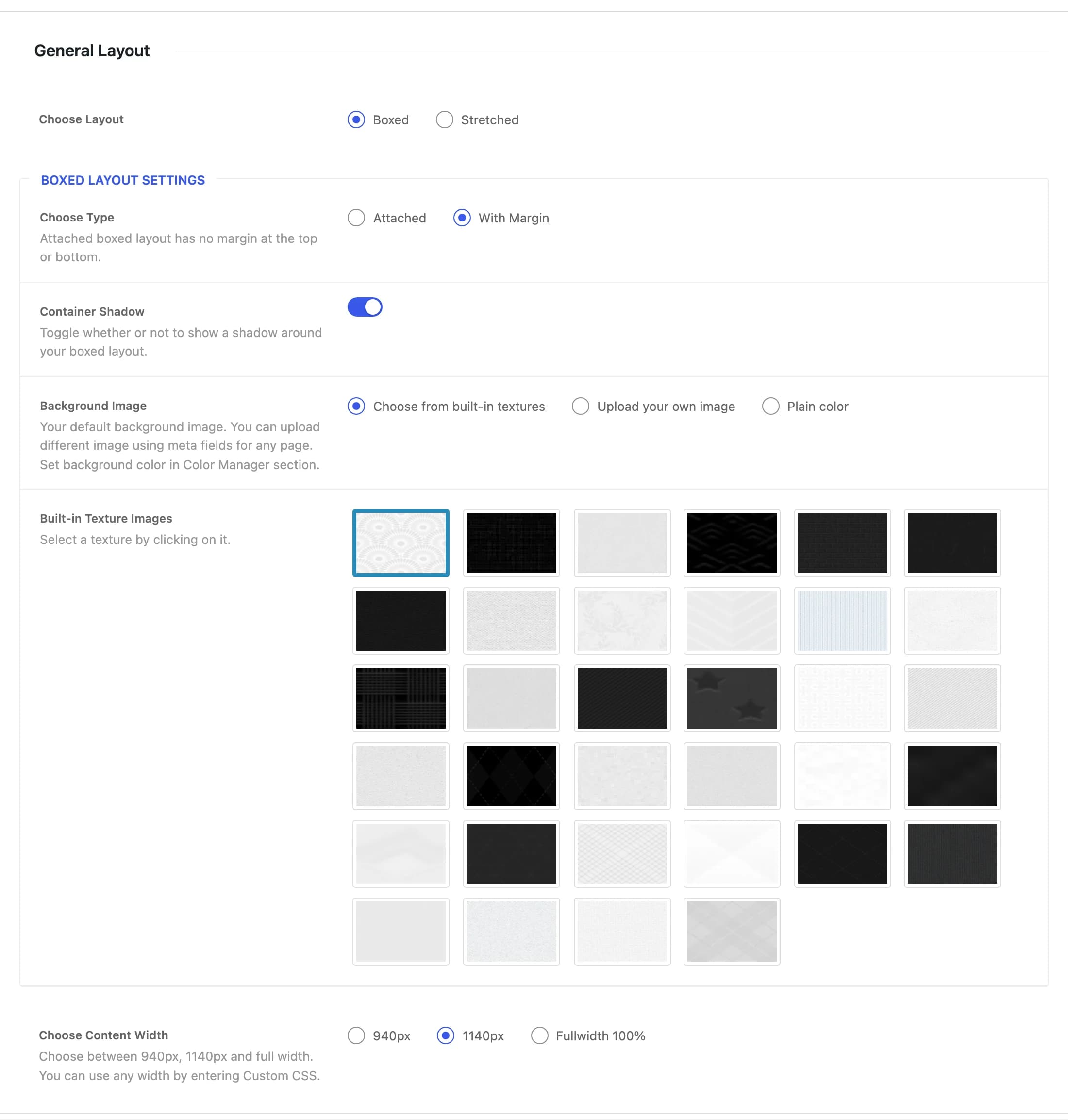The General Layout tab with Boxed Layout Settings expanded, including the built-in texture gallery