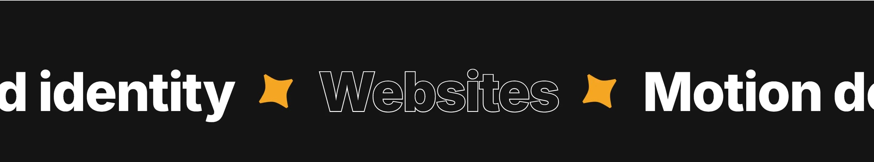 A dark band of large scrolling text with star dividers, every other item outlined
